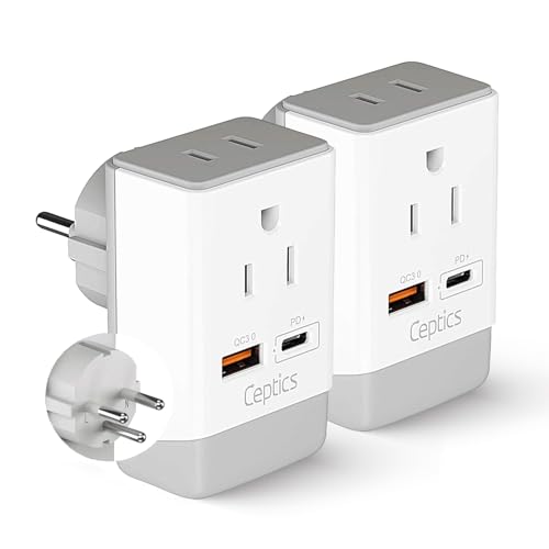 Ceptics Israel Travel Adapter 2 Pack Set, QC 3.0 & PD, Safe Dual USB & USB-C - 2 USA Socket Compact & Powerful - Use in Palestine, Gaza Strip - Type H - AP-14 - Fast Charging (AP-14-2PK)