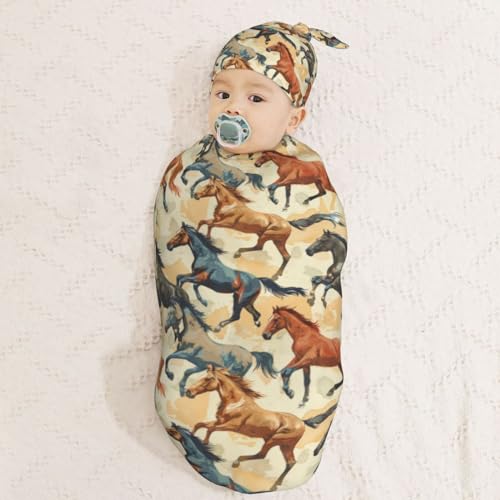 Image of Watercolor Running Horse Newborn Swaddle Blankets Hat Sets Soft Baby Receiving Blanket Swaddle Sack for Baby Shower Infant Boy Girl Gift