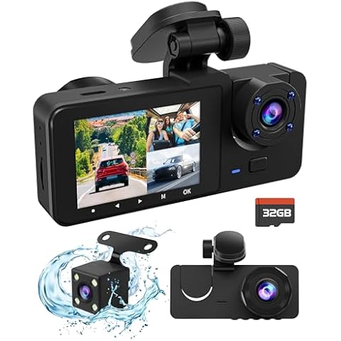 3 Channel Dash Cam Front and Rear Inside, 4K Full HD 170 Deg Wide Angle Dashboard Camera with 32GB SD Card,2.0 inch IPS Screen,Built in IR Night Vision,G-Sensor,Loop Recording,24H Parking Monitor Cover