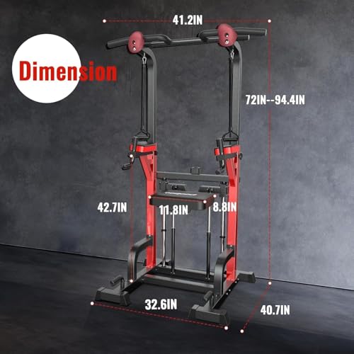 Image of Pooboo Power Tower Dip Station Pull Up Bar for Fitness Home Gym Workout,450 Pounds Multi-Function Adjustable Height Fitness Strength Training Exercise Equipment,with Power Elastic Ropes