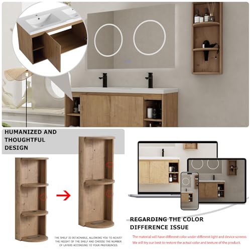Image of Floating Bathroom Vanity, 48 inch Bathroom Storage Cabinet with Double Resin Sinks, 2 Soft-Close Doors & 4 Open Storage Shelves, Wall-Mounted Vanity with Extra Three-Layer Spacious Shelves, Oak