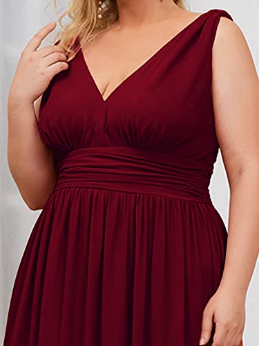 Image of Ever-Pretty V Neck Sleeveless Pleated Chiffon Maxi Plus Size Formal Dresses for Women Bridesmaid Dresses Burgundy US22