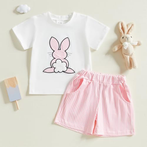Image of Toddler Baby Boy Easter Rabbit Outfit Short Sleeve Bunny Carrot Smocked T-shirt Elastic Waist Shorts Summer Clothes