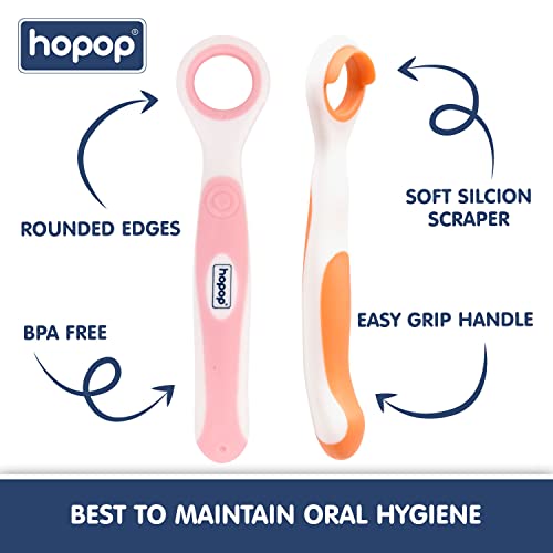 Image of Hopop Tongue Cleaner Toothbrush 100% Safe for Kids | Age from 6 Months -3 Years | Pack of 2 | Pink Orange