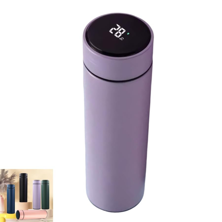 Insulated Stainless Steel Travel Mug 500ml with LED Temperature Display Lid, Vacuum Thermal Bottle, Keeps Cold 24h Hot 12h, Leakproof Portable Water Bottle for Coffee Gym Office Travel - Purple