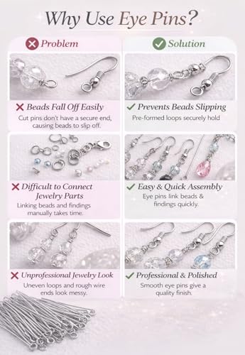Image of Tia Crafts Eye Pins for Jewellery Making, Earrings & DIY Crafts | Metal Eye Pins with Loop for Beads & Charms | Pack of 300 (Silver)