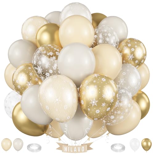 Beige Gold Snowflake Balloons Cream White Sand Gold Metallic Balloons Neutral Boho Ivory Nude Winter Balloon Set for Christmas Ice Wonderland Snow Wedding Baby Bridal Shower Birthday Party Decorations