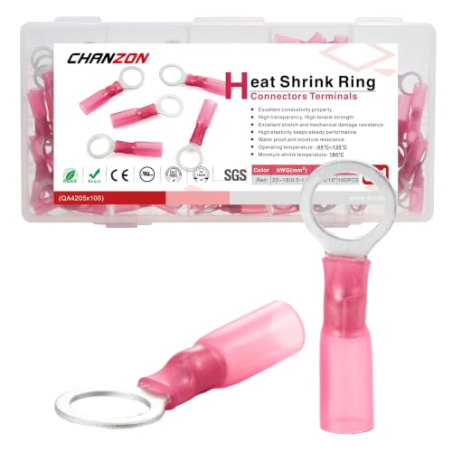 Chanzon 100pcs M8 Heat Shrink Ring Terminal 5/16"UL Recognized 22-16AWG Red