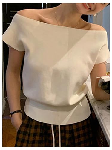 WDIRARA Women's Off The Shoulder Tops Casual Short Sleeve Tunic T Shirts Lightweight Knit Sweaters2