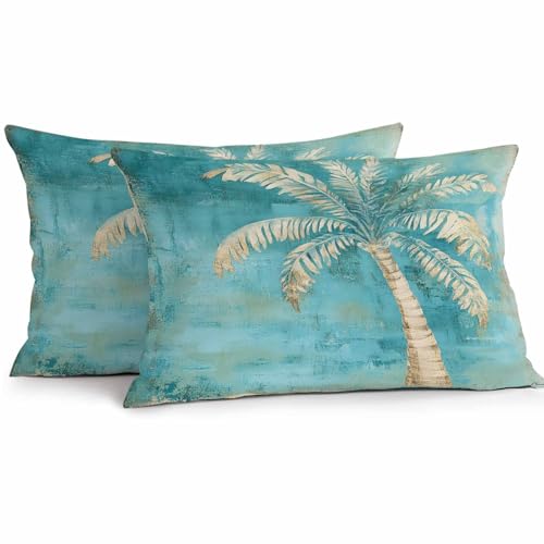 Lsrtoss Coastal Beach Tree Green Outdoor Waterproof Pillow Covers, Vintage Tropical Flower Plant Decorative Rectangle Throw Pillowcase Sofa Cushion Sham for Patio/Couch/Chair, 20'x12' 2 Pack