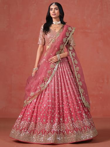 Image of Zeel Clothing Women Georgette Semi stitched Sequins Zari Embroidered Lehenga Choli With Dupatta (7086-Latest, Free size)