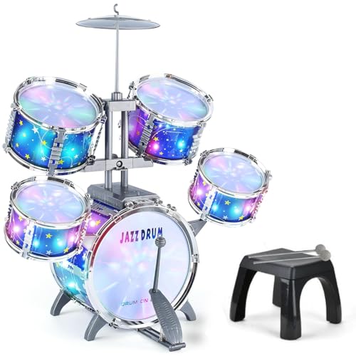 Upgraded Kids Drum Set for Toddlers 3+ Kids Jazz Drum Ages 3-5 Star Light up Musical Instrument Toys for Boys Girls 3-6 5-7 ( All Plastic)