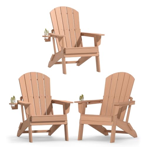 Image of Plawdlik Folding Adirondack Chair Set of 3, Cup Holder, Teak | pin-free folding, 38-in tall back, Wood-grain All-weather HDPE; for fire pit, poolside, deck, backyard, patio