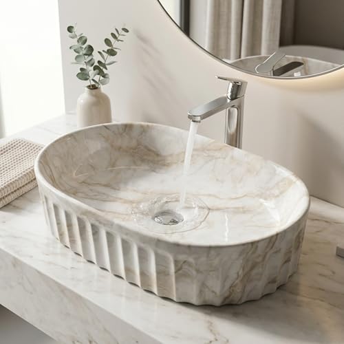 Image of BASSINO 22x14x6 Inches Ceramic Table Top Wash Basin /Designer Bathroom Sink /Glossy Countertop Vessel Basin /Oblong-Oval Above Counter Basin /Wash Basin for Bathroom /Dining Hall(White and Beige Marble)