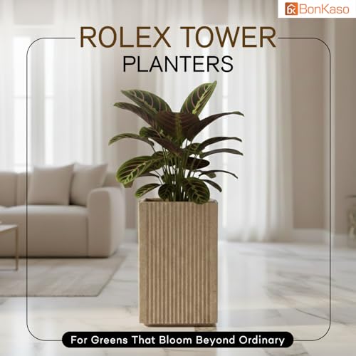 Image of BonKaso 18 Inch Rolex Tower Planter for Indoor & Outdoor Use | Tall Square Heavy Duty Polymer Flower Pot | Weather Resistant Modern Planter for Living Room, Balcony, Terrace & Office Decor (Beige)