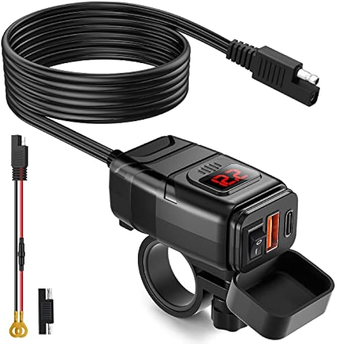 Extractme Motorcycle Phone Charger, 6.4A Dual USB Type C PD & Quick Charge 3.0 Motorcycle USB Charger with Voltmeter & ON/Off Switch, Waterproof Motorcycle Accessories for Phone, Tablet, GPS, etc