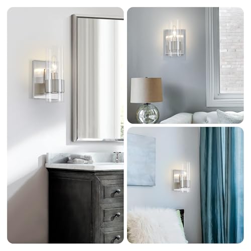 Image of WUZUPS Set of 2 1-Light Bathroom Wall Light Fixture Over Mirror Flat Class Shade Morden Vanity Scones for Bathroom Bedroom Living Room, E12 Base, Brushed Nickel