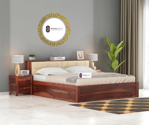 Image of Sheesham Wood King Size Bed with Box Storage and Cream Upholstered Headboard Solid Wooden Double Bed Furniture for Bedroom (Honey, Headboard King 1)