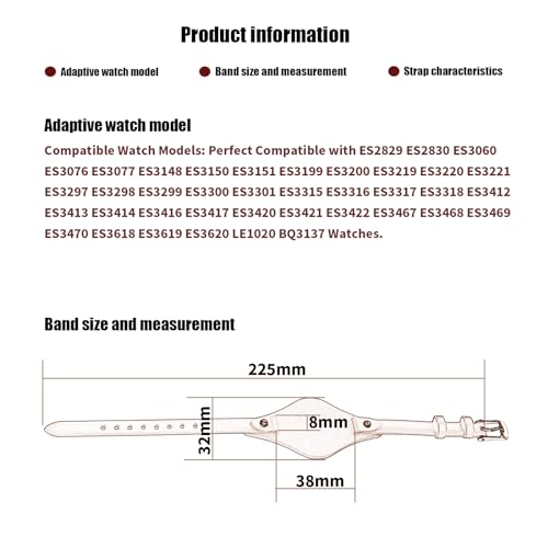 XIW Compatible for 8mm Fossil ES2829 ES2830 ES3060 ES3076 ES3077 women Leather Watch Band Replacement for men Wirstband Strap Bracelet (Brown, 8mm)