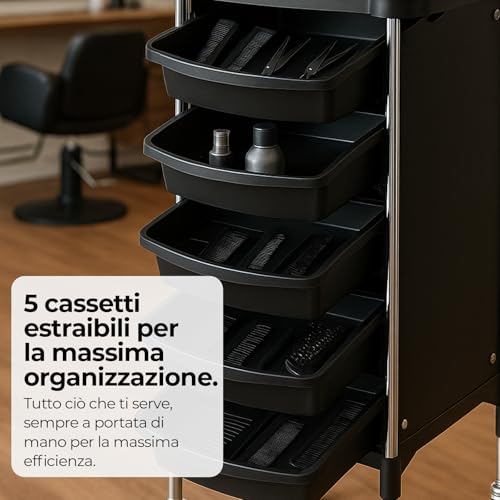 Altéax Friseurwagen Rollwagen mit 6 Ebenen und 5 herausnehmbaren Schubladen – Friseur Wagen – Tattoo Wagen – 1 Stück – Zubehör Nicht enthalten – Barberwagen – Aufbewahrungswagen.