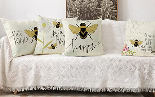 Faromily Happy Bee Quotes Throw Pillow Covers Bee Kind Floral Farmhouse Decorative Vintage Wood Home Decor Cushion Covers Cotton Linen 18 X 18 Inch Set Of 4 #TOP2