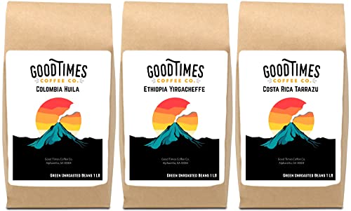 Good Times Coffee Company Colombian Huila Ethiopian Yirgacheffe Costa Rican Tarrazu Green Unroasted Coffee Beans, 3 Pound Variety