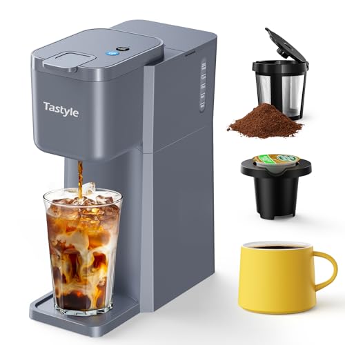 Image of Tastyle Mini Hot and Iced Coffee Maker Single Serve, for K Cup and Ground, 6 to 14 Oz Brew Sizes, with Recipe Book, for Home, Travel, RV, Office and Dorm, Elegant Gray