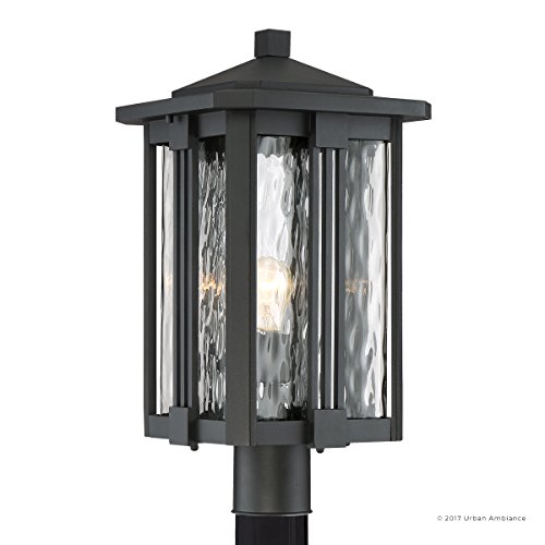 Urban Ambiance Luxury Craftsman Outdoor Post Light, Large Size: 20.25" H X 10.5" W, With Mid-Century Modern Style Elements, Vertical Stripes Design, Natural Black Finish And Water Glass, Uql1053 #TOP7