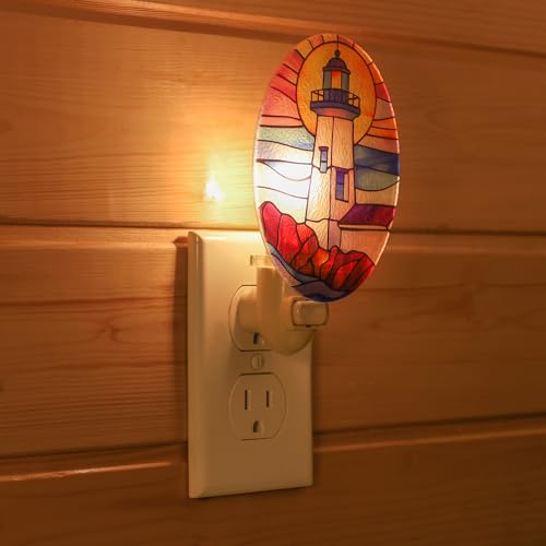 Image of Lighthouse Stained Glass Styled Night Light Plug in - Made with Real Glass, Bulb Included, On /Off Switch - Nautical Beach Theme Bathroom, or Beach House Accent Light Pink Skies