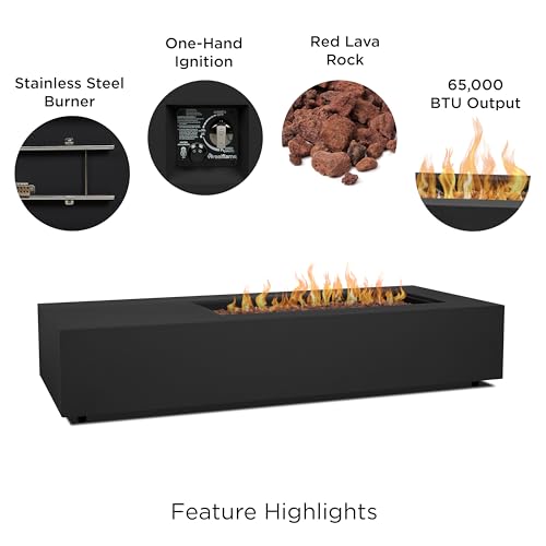 Image of Real Flame Aegean 72in Rectangle Propane or Natural Gas Fire Pit Table, 65,000 BTU, Powder-Coated Steel, Push-Button Ignition, CSA Certified, Stainless Steel Burner with Lid (Black)