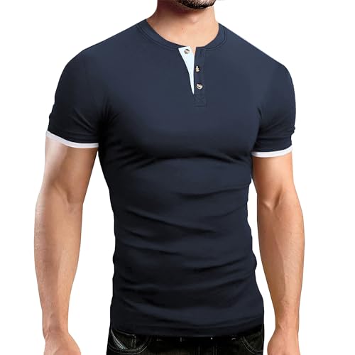 Gnvviwl Men's Casual Stretchy Henley Shirts Short Sleeve Fitted T Shirt Soft Stylish Tee Tops Navy Blue