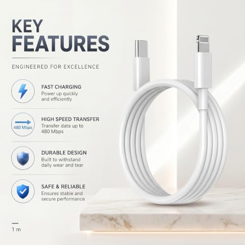 Image of USB Type C to Lightening Cable, MFi Certified, 27W Fast Charging & 480Mbps Data Sync, 1M White Charging Cable Compatible with iPhone 14 /13 /12 /11 /X /8 Series, iPad & AirPod (Free Cable Protector)