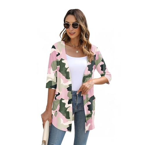 Womens Lightweight Cardigan Trendy 3/4 Sleeve Loose Open Front Cardigans with Pockets Floral2