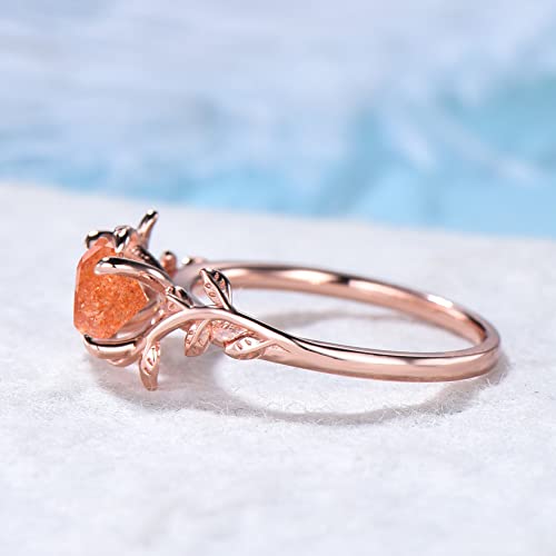 Sterling Silver Round Cut Nature Sunstone Ring Rose Gold Leaf Sunstone Engagement Ring Orange Gemstone Birthday Jewelry Uniuqe Handmade Gift For Women Girls,Size From 4-10,With Gift Box #TOP3