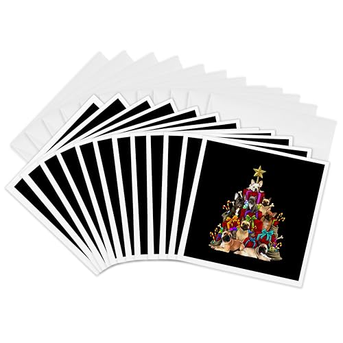 Cartes de vœux sapin de Noël carlins et bouledogues 15,2x15,2 cm lot de 12