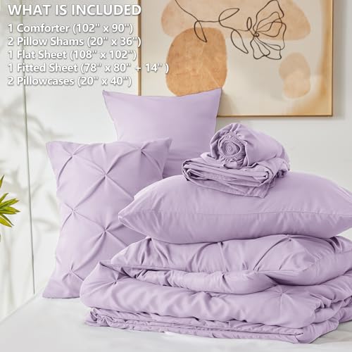 CozyLux King Size Comforter Set Lavender, 7 Pieces Bed in A Bag Light Purple Comforter King Size, Pinch Pleat Bedding Set with All Season Comforter, Sheets, Pillowcases & Shams