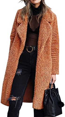 Angashion Women's Fuzzy Fleece Lapel Open Front Long Cardigan Coat Faux Fur Warm Winter Outwear Jackets Caramel S