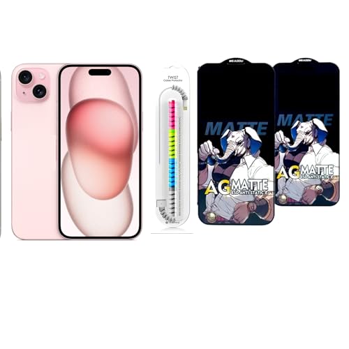 Image of Edge To Edge Matte Tempered Glass Screen Protector Compatible With iPhone 15 Plus, 9H Hardness, Anti-Fingerprint, FHD Clear With Cable Protector Pack 2