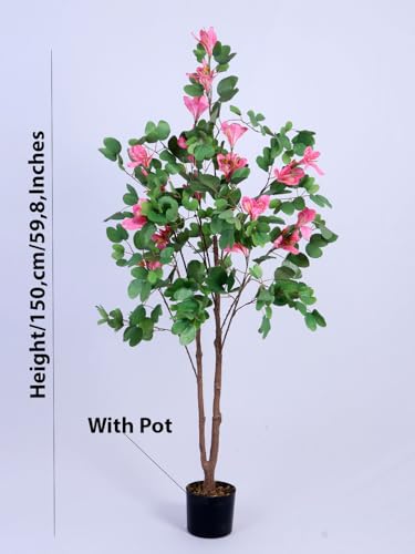 Image of ARICK DECOR 5Ft Artificial Pink Bauhinia Flowers Tree in Pot, 5ft Realistic Faux Lush Orchid Tree Silk Plant, Peacock Shaped Large Floor Decor for Home, Office & Balcony