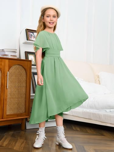 Haloumoning Girls Flowy Ruffle Sleeve Dress Kids A-Line Swing Wedding Party High Low Hem Junior Bridesmaid Dress3