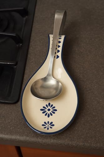 Image of Maya | Hand-Painted Ceramic Spoon Rest - Blue Floral Design, Large Cutlery Holder for Kitchen & Tableware, Pack of 1 (Blue)