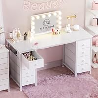 White Vanity Desk No Mirror - 47 Inch White Office Computer Desk with 8 Fabric Drawers on Both Sides for Girls, Makeup Work Writing Study Desks, Vanity Table No Mirror for Bedroom
