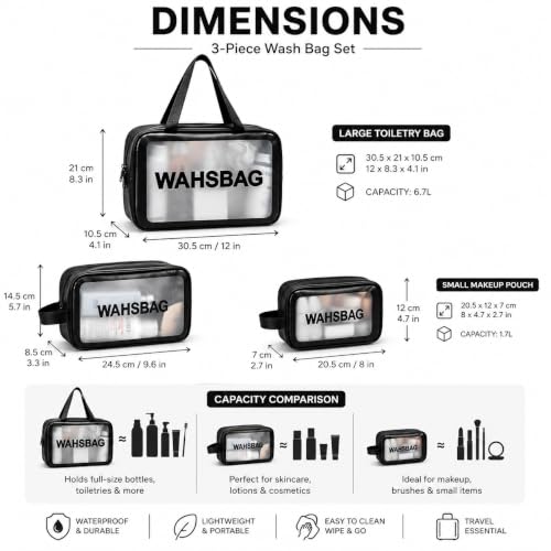 Image of MELVIS Waterproof Travel Toiletry Bag for Women | 3-Piece Pink Faux Leather Makeup & Toiletry Organizer Set with Clear Window | Cosmetic Wash Bag Pouch for Travel Accessories & Brushes (Black)