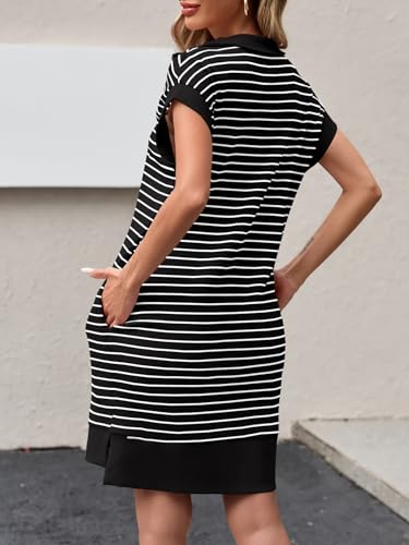 Image of Wenrine Womens Striped Mini Dress Casual Zipper Cap Sleeve Collared V Neck Loose Knit Summer Dresses