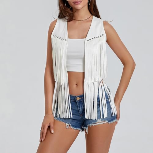 Womens Fringe Vest Sleeveless Open Front Western Jackets Faux Suede Tassel Waistcoat 70s Hippie Vest Outerwear3