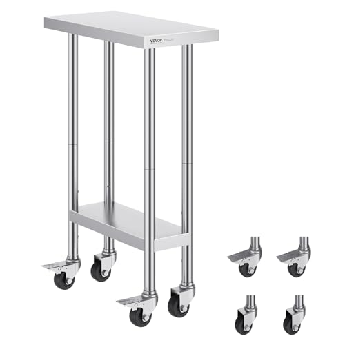 Image of VEVOR Stainless Steel Work Table 24 x 12 x 38 Inch, 500 LBS Load Capacity with 4 Wheels, 3 Adjustable Height Levels, Heavy Duty Food Prep Worktable for Commercial Kitchen Restaurant, Silver
