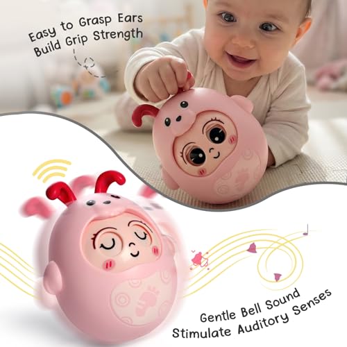 Image of Intellibaby Premium Roly Poly Rabbit Toy for Babies,Push&Shake Tumbler Wobble Doll for Infants,Bell Rattle Sound&Blinking Eyes Rabbit Doll for 8 Months+,Birthday Gift for Toddler,BIS Certified (Pink)
