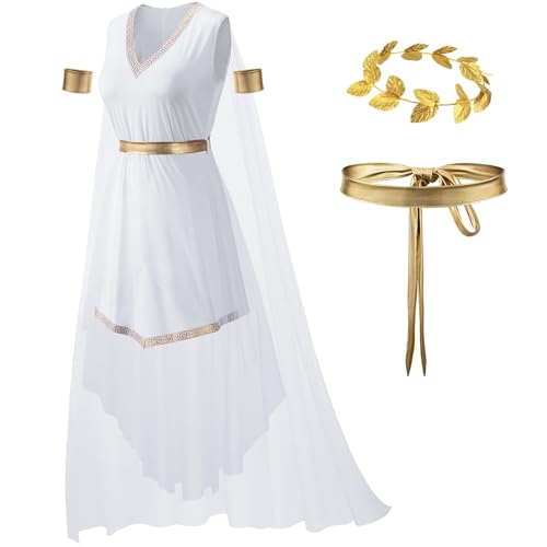 Womens Toga Dress Greek God Outfit Roman Robe Cosplay Halloween Costume Accessories Set(WT S) White