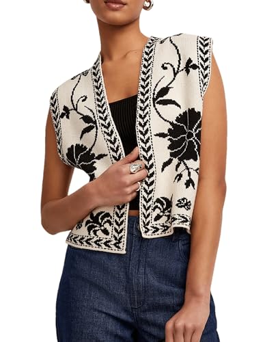 Womens Floral Sleeveless Sweater Vest Boho Printing Cropped Casual Knit Cardigan Top