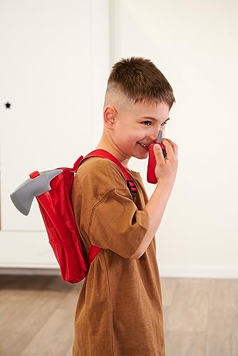 Simba Feuerwehr Rucksack Set, Feuerlöscher mit Sprühfunktion, Axt, Funkgerät mit Sound, Brechstange und Marke, Rollenspielzeug, ab 3 Jahre